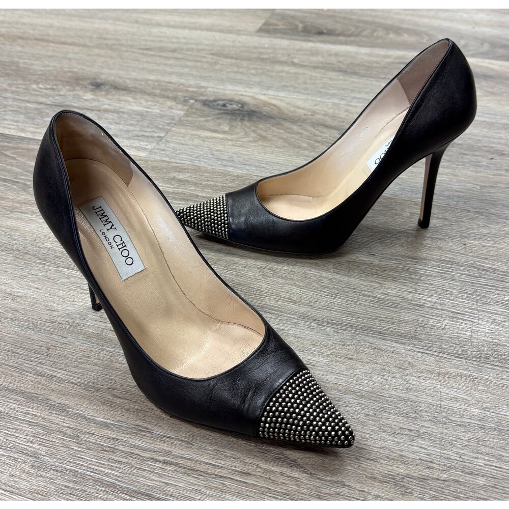 JIMMY CHOO Black Amika Leather Studded Love 85 Pointed Toe Pump Heels Sz. 38